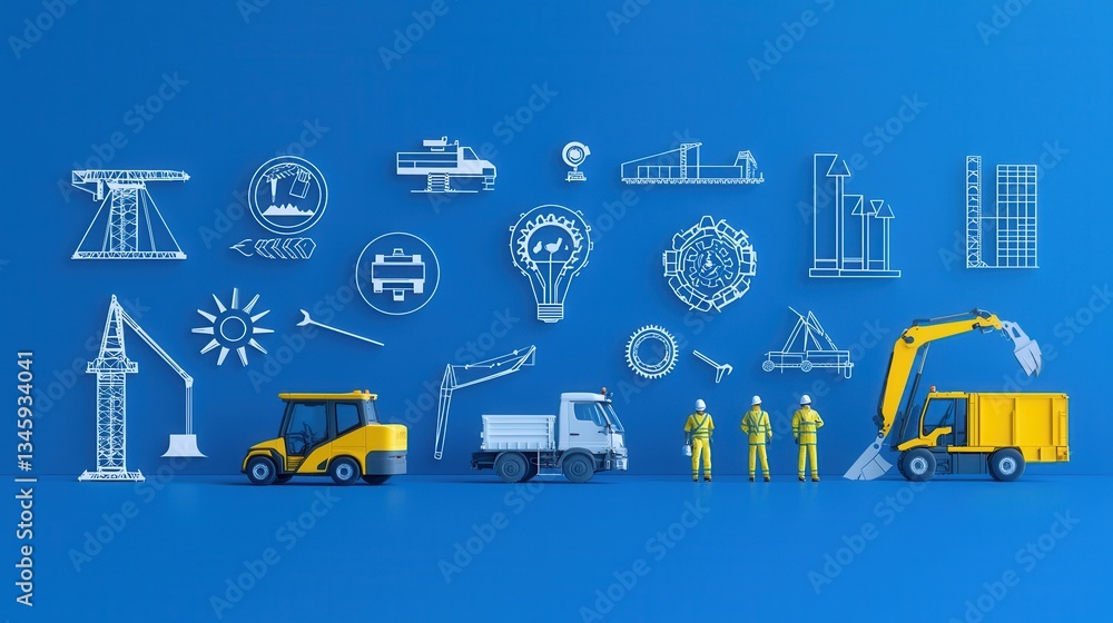 Poster a collection of detailed icons representing various elements of the construction and engineering ind