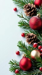 Elegant ornaments, pine cones, & frosted berries arranged artfully , winter holiday, closeup, ornaments