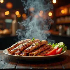 Grilled meat skewers, typically made from lamb or beef, served with a side of naan bread and vegetables