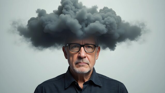 Senior Man With Grey Cloud Overhead – A Symbol of Brain Fog and Cognitive Decline