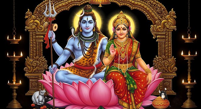 Divine portrayal of Shiva and Parvati sitting atop a lotus with lamps