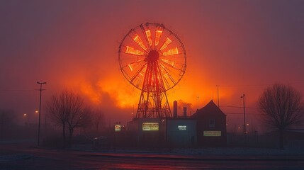 Illuminated Ferris wheel at sunrise in foggy winter landscape.