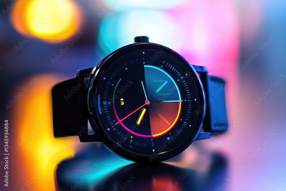Poster a close-up view of a wristwatch sitting on a table, ideal for use in product photography or as a des