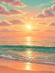 A beautiful ocean sunset with colorful clouds and calm waves