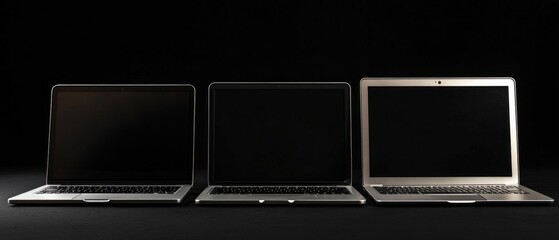 Three laptops sit next to each other on a black surface