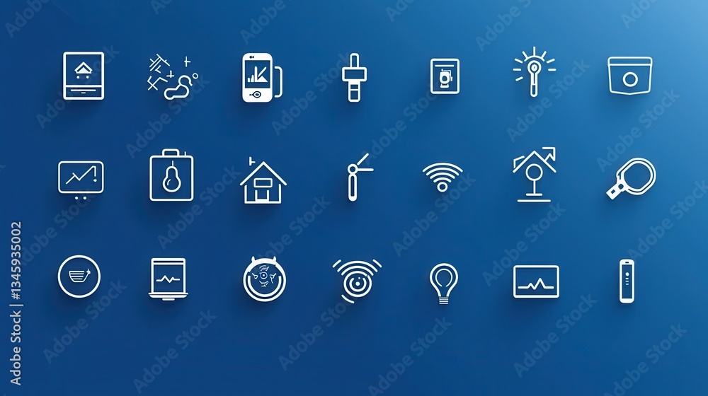 Poster a set of 15 high detail icons representing various smart home technologies and automation features s