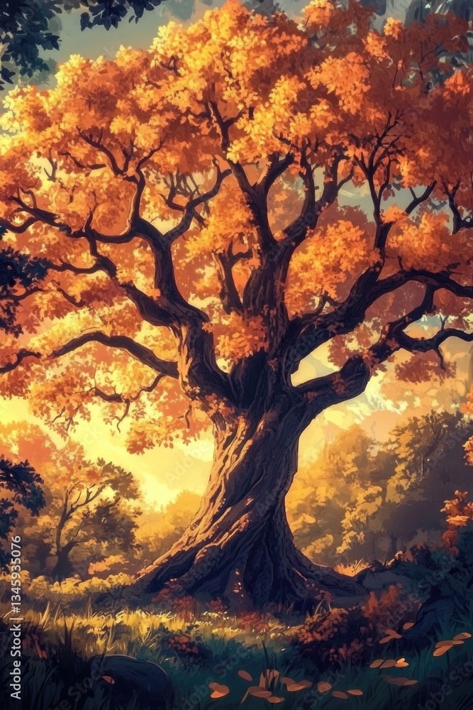 Poster a solitary tree stands tall in the midst of a dense forest, surrounded by lush greenery and dappled 