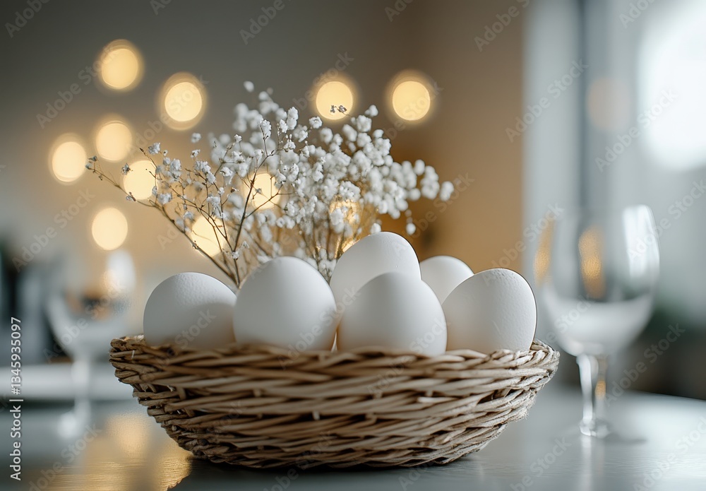 Aufkleber fresh white eggs in a natural woven basket with delicate white flowers and soft bokeh background cre