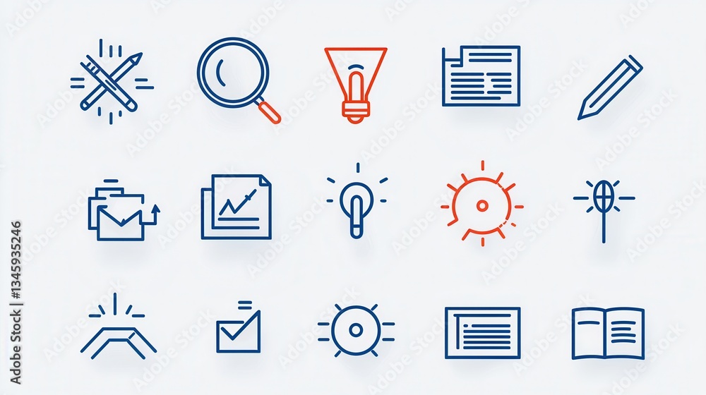 Poster a comprehensive set of line art icons representing various elements of a professional workflow proce