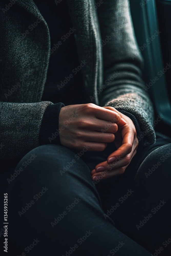 Poster a close-up view of someone holding their hands in a reassuring gesture, suitable for use in scenes d