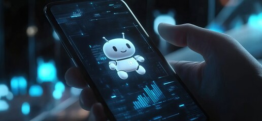 A small robot on a smartphone interacting with digital data. Assistant and Chatbot AI generated image