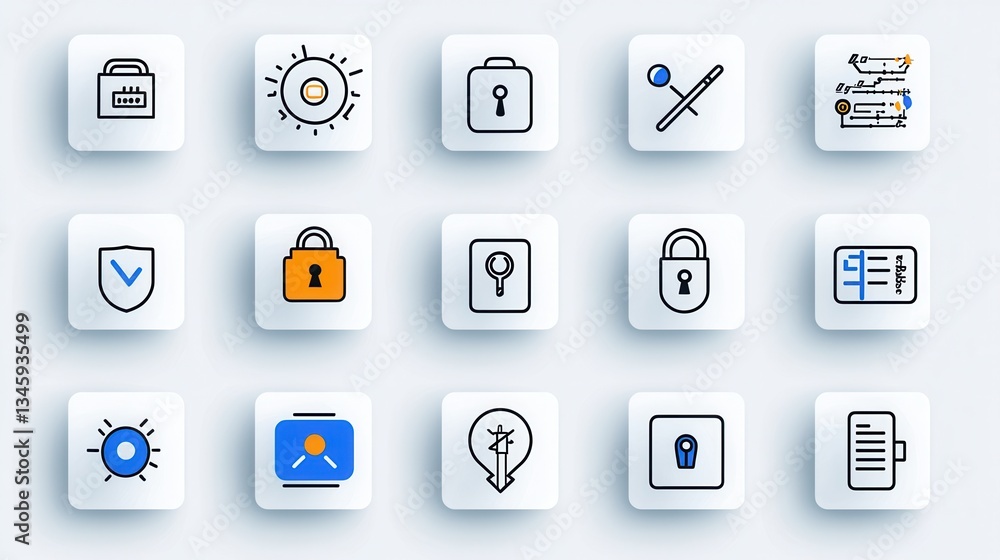 Poster a collection of 15 unique outline icons representing various security and privacy concepts including