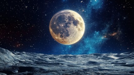 Fototapeta premium A full bright moon hangs in the starlit night sky above