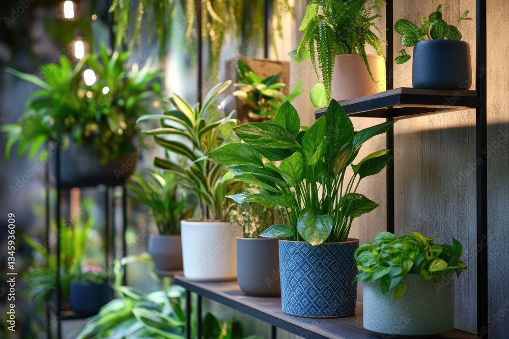 Aufkleber a shelf filled with multiple pots containing various plants and greenery