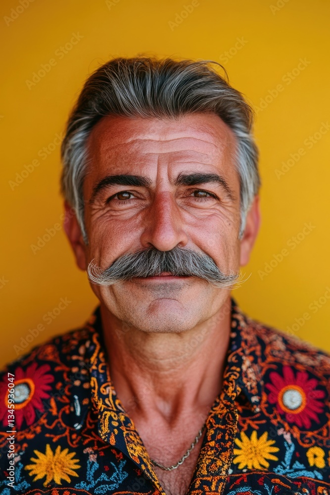 Poster a man wearing a colorful shirt and a mustache, suitable for use in illustrations or as a character d