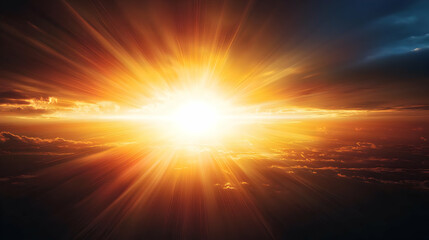 Abstract Sunset Sky With Golden Light Bursting Forth From The Horizon Against A Darkened Blue Sky