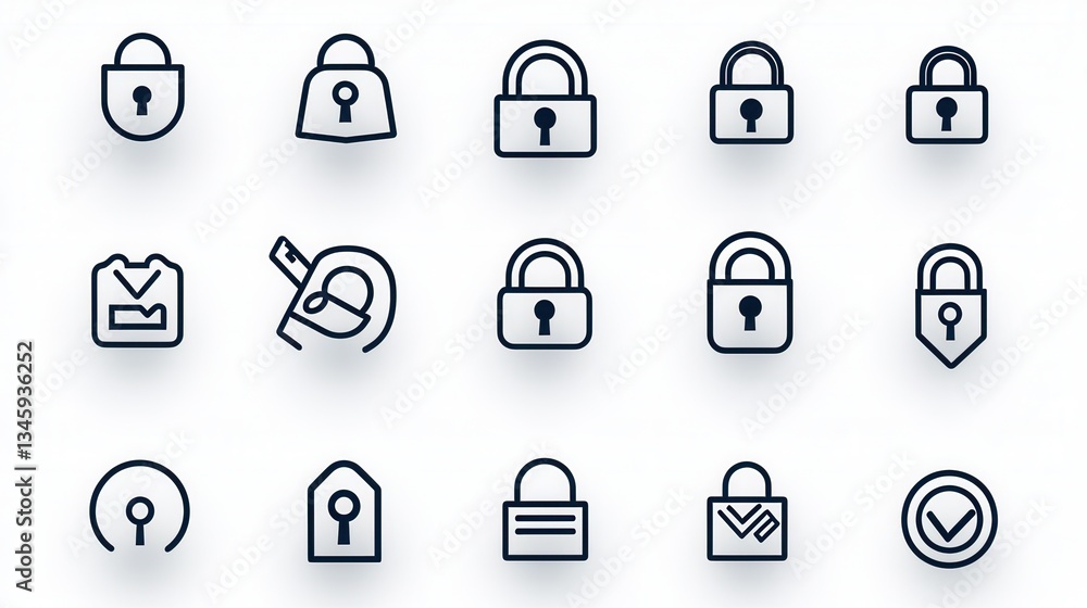 Poster this set of 15 outline padlock icons symbolizes various aspects of security access control and digit
