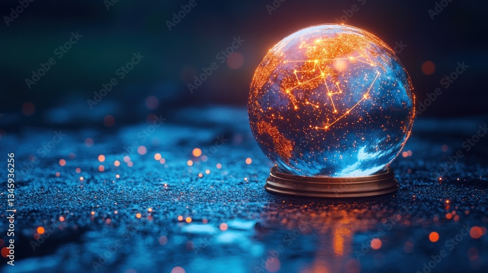 Poster illuminated globe in crystal ball on dark surface.