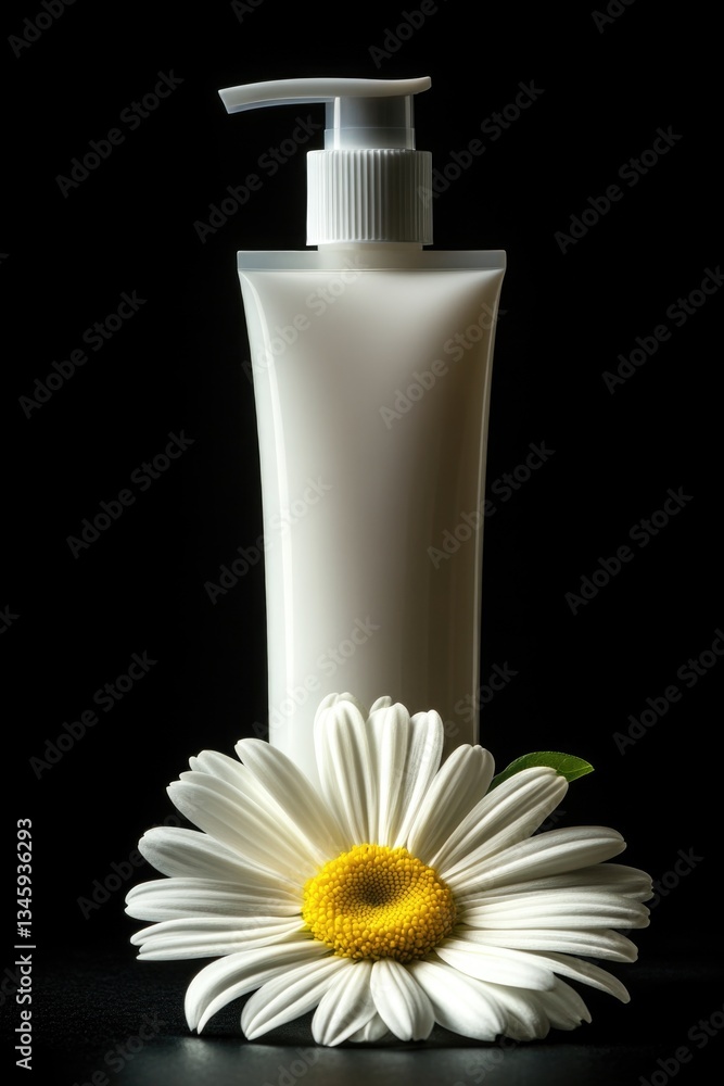 Poster a bottle of lotion and a flower sit on a table, ready for use