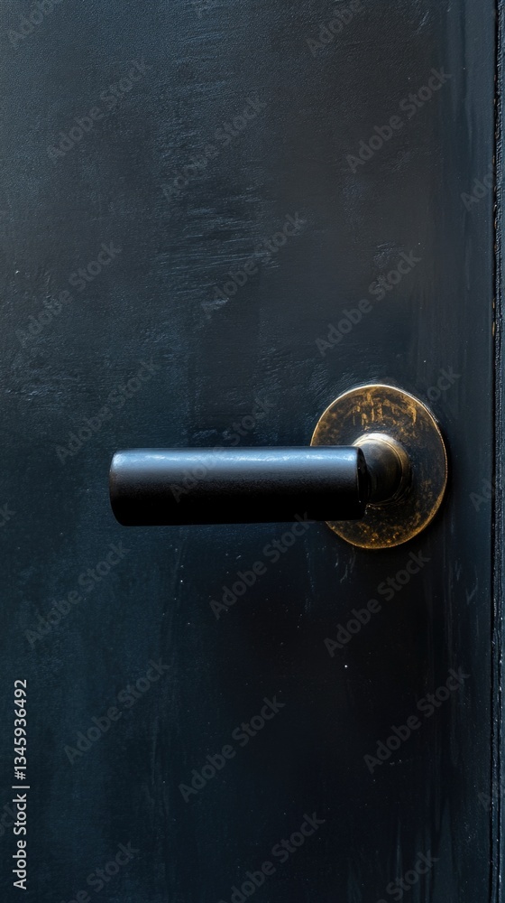 Poster a close-up shot of a door handle on a black door, suitable for use in interior design or architectur