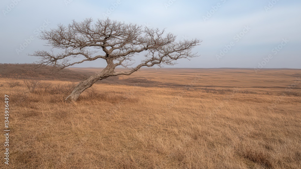 Aufkleber windswept tree in a brown field under a hazy sky