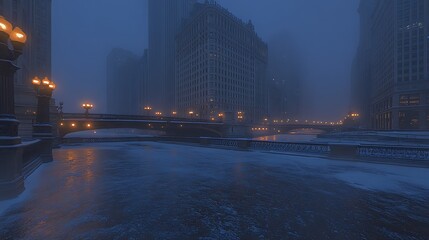 Obraz premium A Winter Cityscape With Buildings and a Foggy River at Dusk