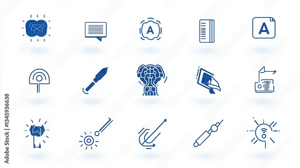 Poster a collection of 15 minimalist outline icons that visually represent various elements and application