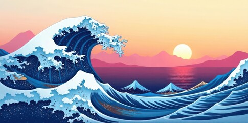 Minimalist ocean wave & mountain line art print Abstract landscape, contemporary aesthetic , blue, nature