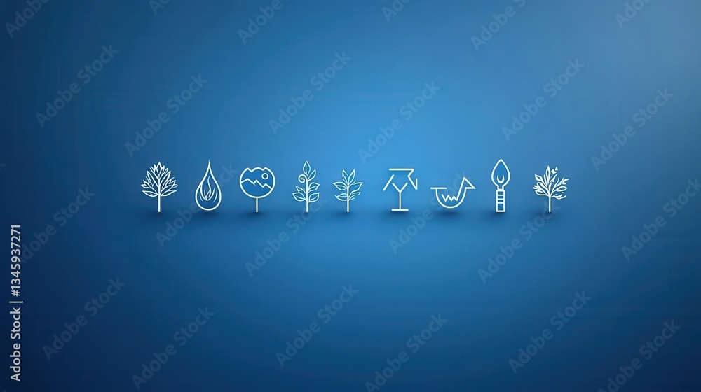 Poster a set of 15 minimalist yet visually striking outline icons depicting various environmental elements 