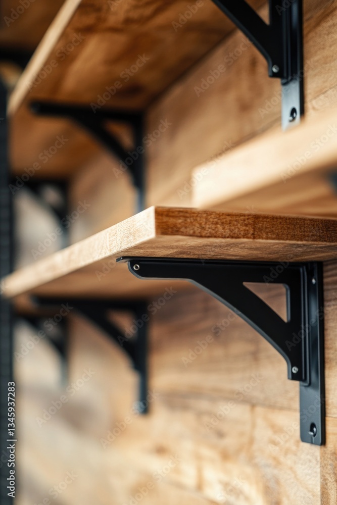 Aufkleber a close-up view of a wooden shelf with multiple tiers and decorative brackets
