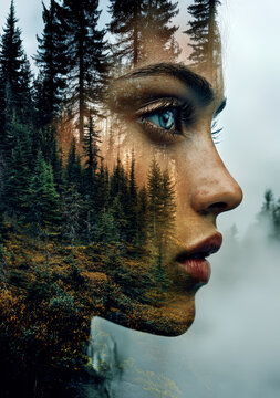 Double Exposure Portrait of Woman and Forest &ndash; Surreal Nature Wall Art