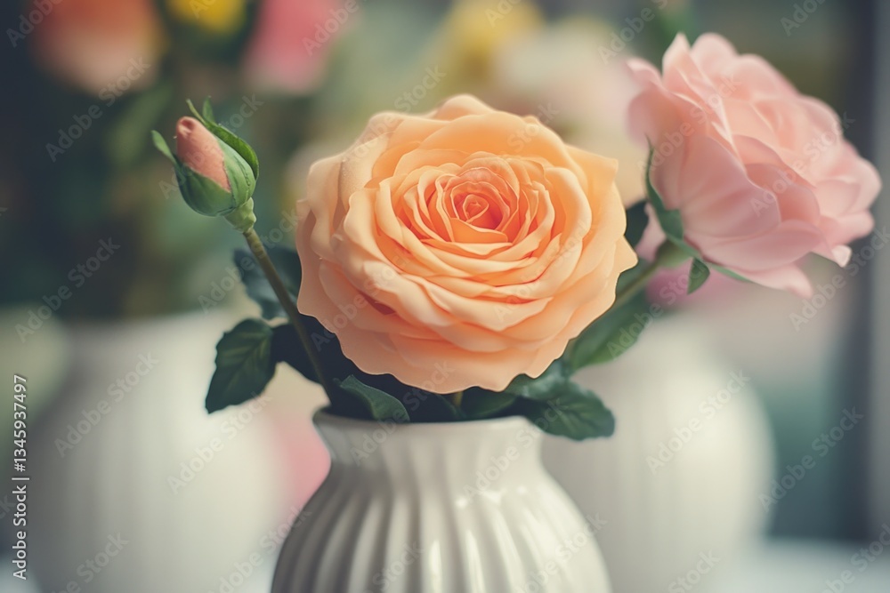 Poster a detailed view of a vase filled with colorful flowers, perfect for use as a decorative element or i