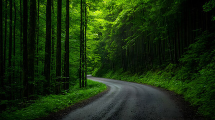 Obraz premium Winding Asphalt Road Through Lush Green Forest with Sunlight and Canopy