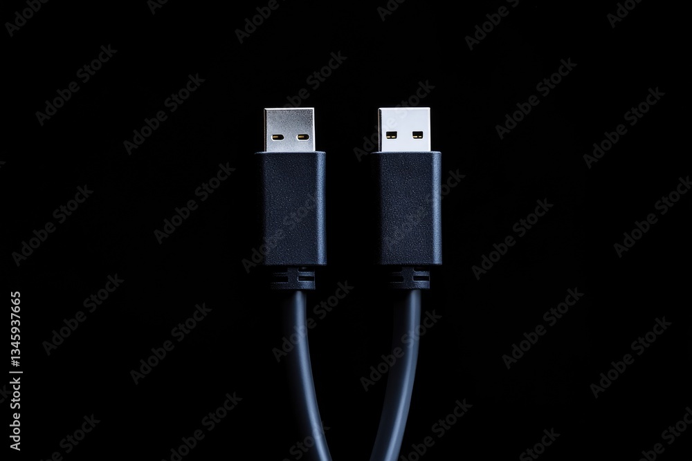 Poster a close-up view of a usb cable on a black background, useful for technology and electronics related 