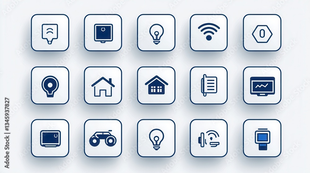 Poster a collection of 15 minimalist icons representing different elements of a smart home system including