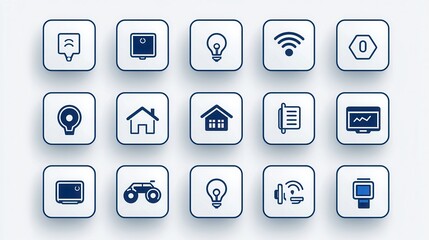 A collection of 15 minimalist icons representing different elements of a smart home system including lighting security climate control entertainment and home management features