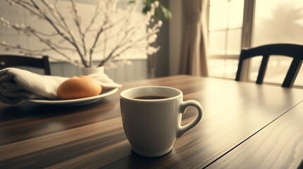 Obraz premium Breakfast Scene With Cup Of Steaming Coffee, Bread Roll On Plate And Light Morning Coming Through The Window