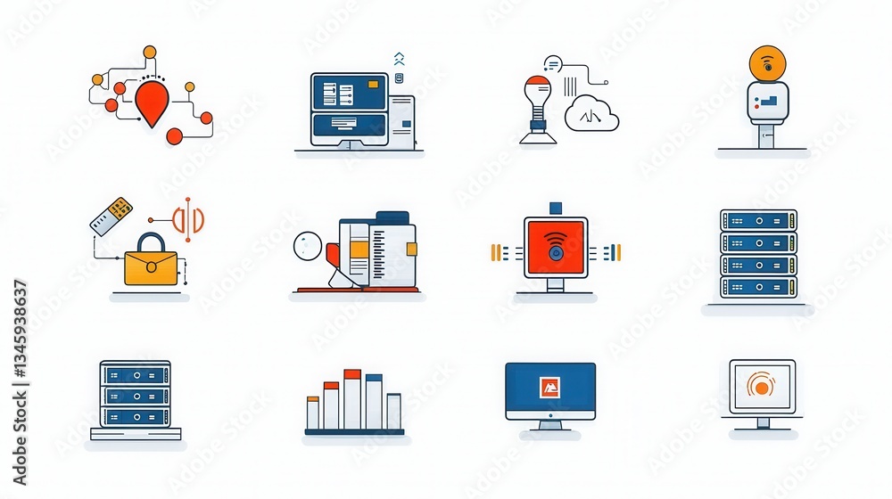 Poster this image depicts a collection of 15 well designed and detailed data center icons including element