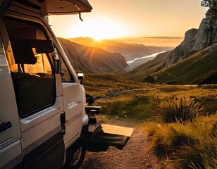 Camper van enjoying stunning mountain valley sunset view