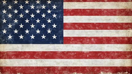 A vintage American flag with red and white stripes and blue field adorned with white stars, featuring a weathered texture.