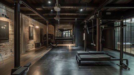 Dark Industrial Gym Interior with Exposed Brick Walls and Modern Fitness Equipment