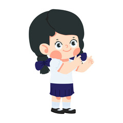 Schoolgirl raises both hands pointing