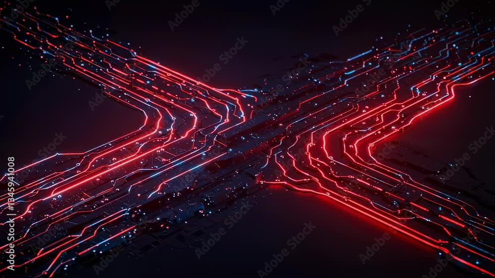 Poster futuristic circuit board crossing motion footage. blue and red glowing data streams converging stock