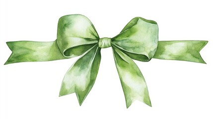 Watercolor green bow and ribbon isolated on white background