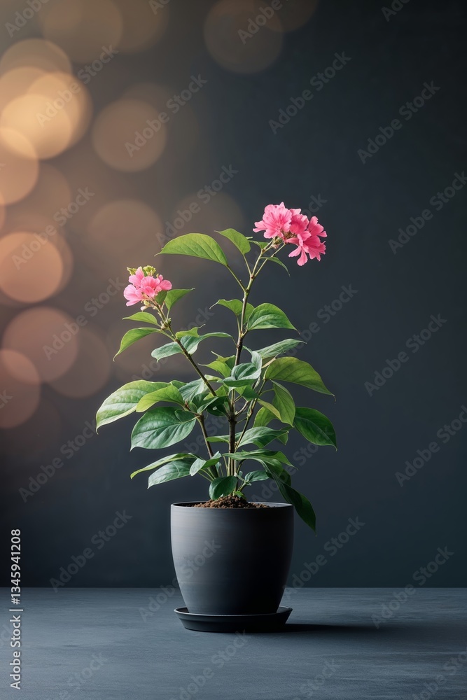 Poster pink flowering plant in a modern pot with soft bokeh lights in the background creating a calming atm
