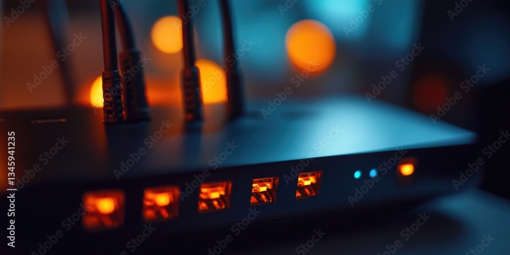 Poster A close-up view of a wireless router on a table, with its lights and vents visible