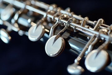 Obraz premium A detailed view of a silver flute with white buttons, great for musical or instrument-related themes
