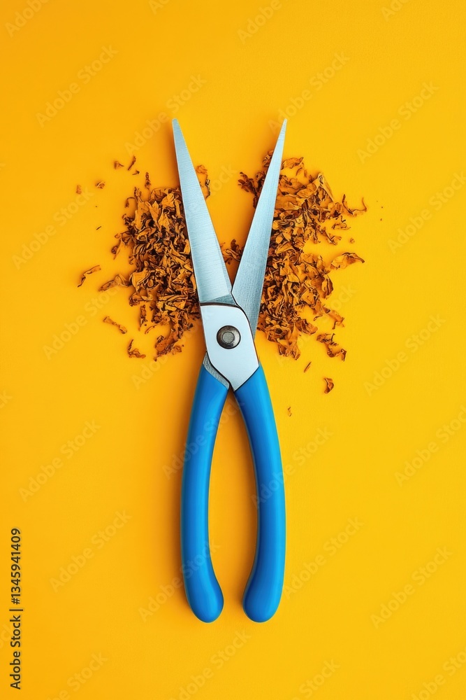 Poster a pair of blue scissors sits on a bright yellow surface, ideal for adding to flat lay or still life 