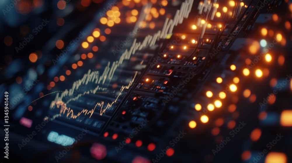 Poster illuminated server rack with superimposed stock market graph showing growth.