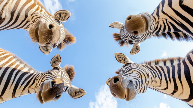 Four curious zebras looking down in a circular perspective